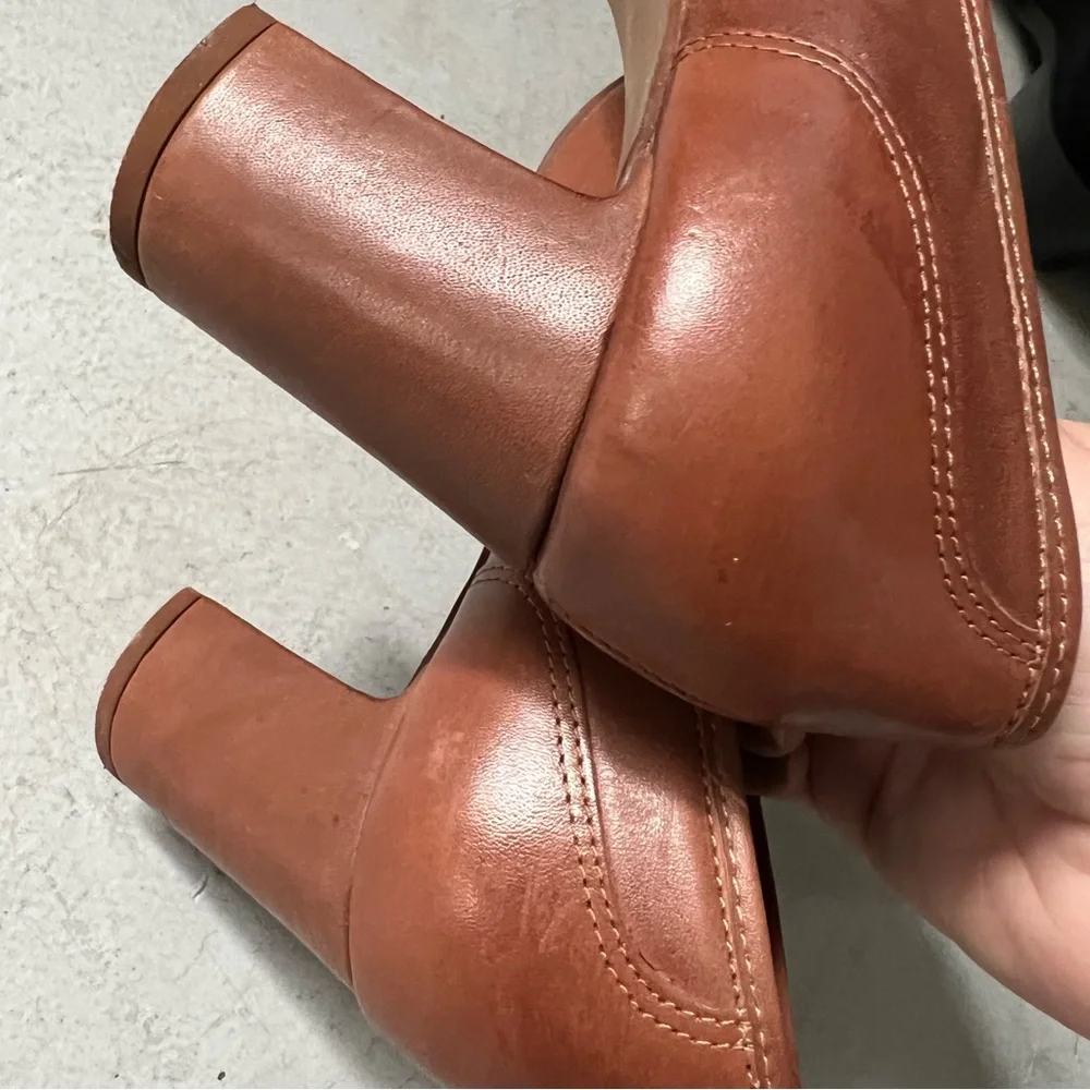 AREZZO Almond Toe Block Heel Leather Penny Loafer in Cognac Brown - Picture 6 of 15